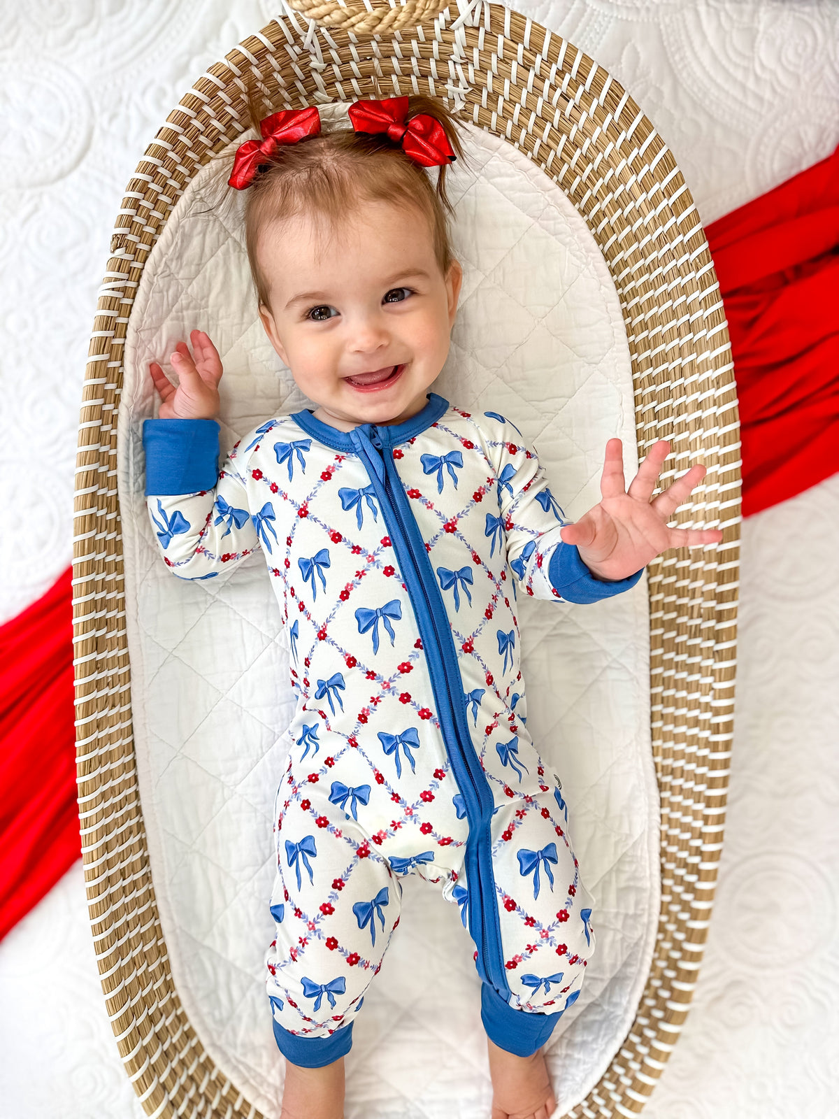 Bamboo Baby Zippy Pajamas – Soft Red White & Bows Patriotic Sleeper