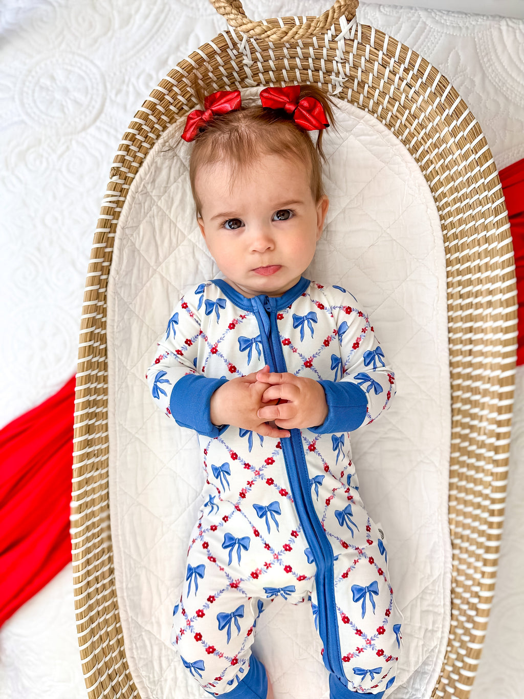 Bamboo Baby Zippy Pajamas – Soft Red White & Bows Patriotic Sleeper