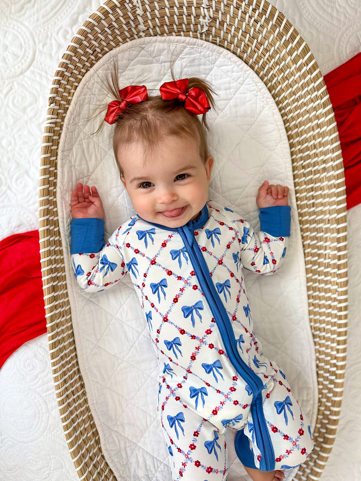 Bamboo Baby Zippy Pajamas – Soft Red White & Bows Patriotic Sleeper