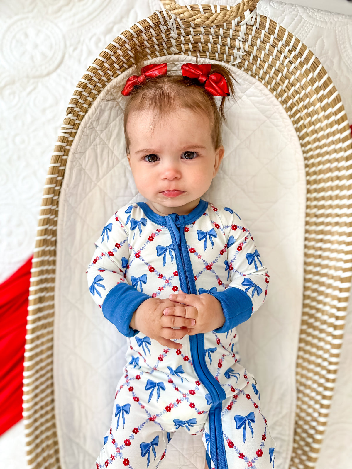 Bamboo Baby Zippy Pajamas – Soft Red White & Bows Patriotic Sleeper