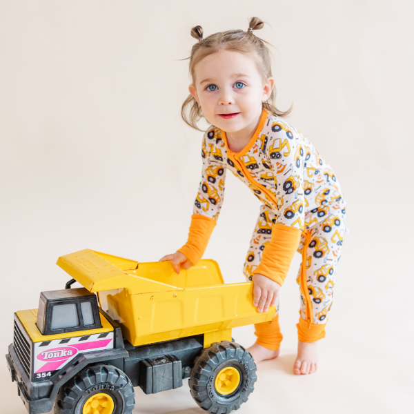 Bamboo Kids Pajamas – Soft Construction Trucks Print Two-Piece Sleep Set