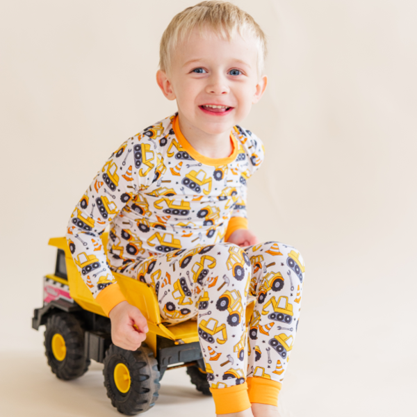 Bamboo Kids Pajamas – Soft Construction Trucks Print Two-Piece Sleep Set