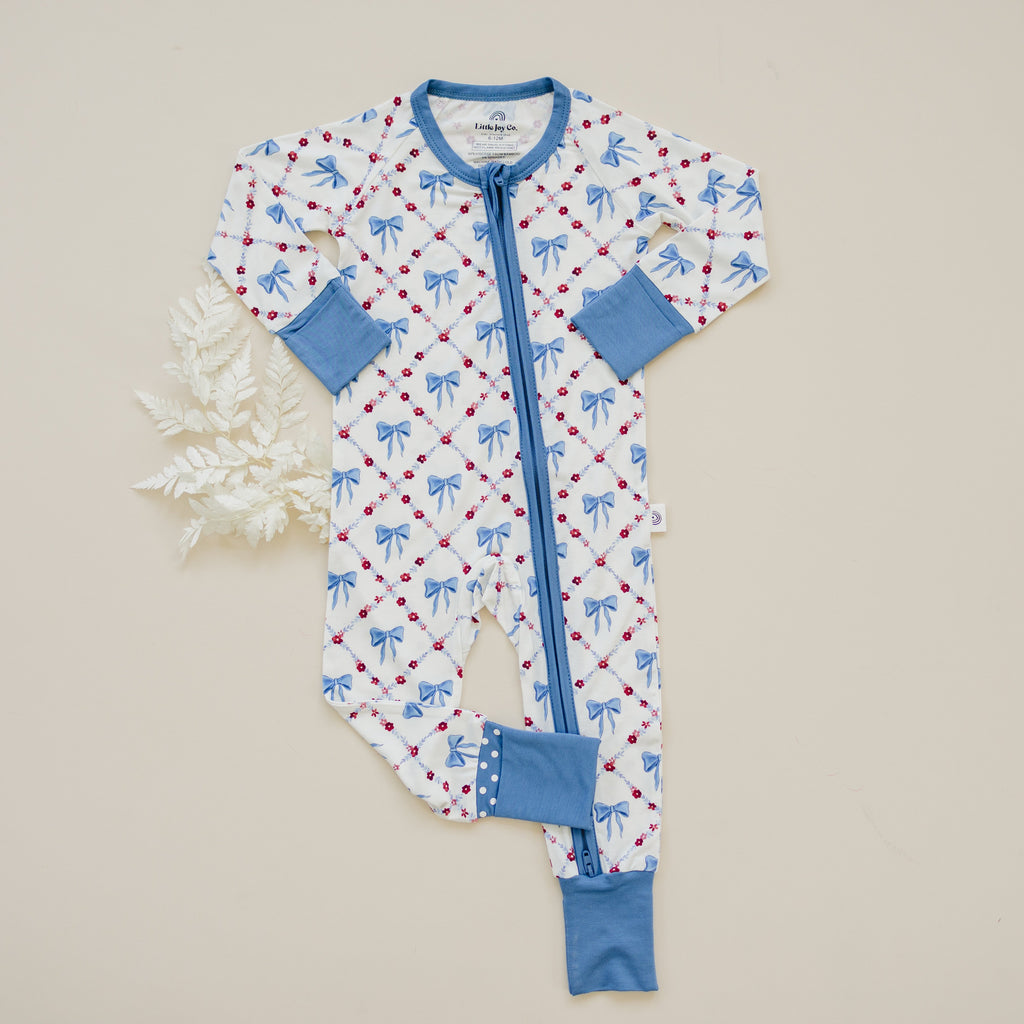 Bamboo Baby Zippy Pajamas – Soft Red White & Bows Patriotic Sleeper